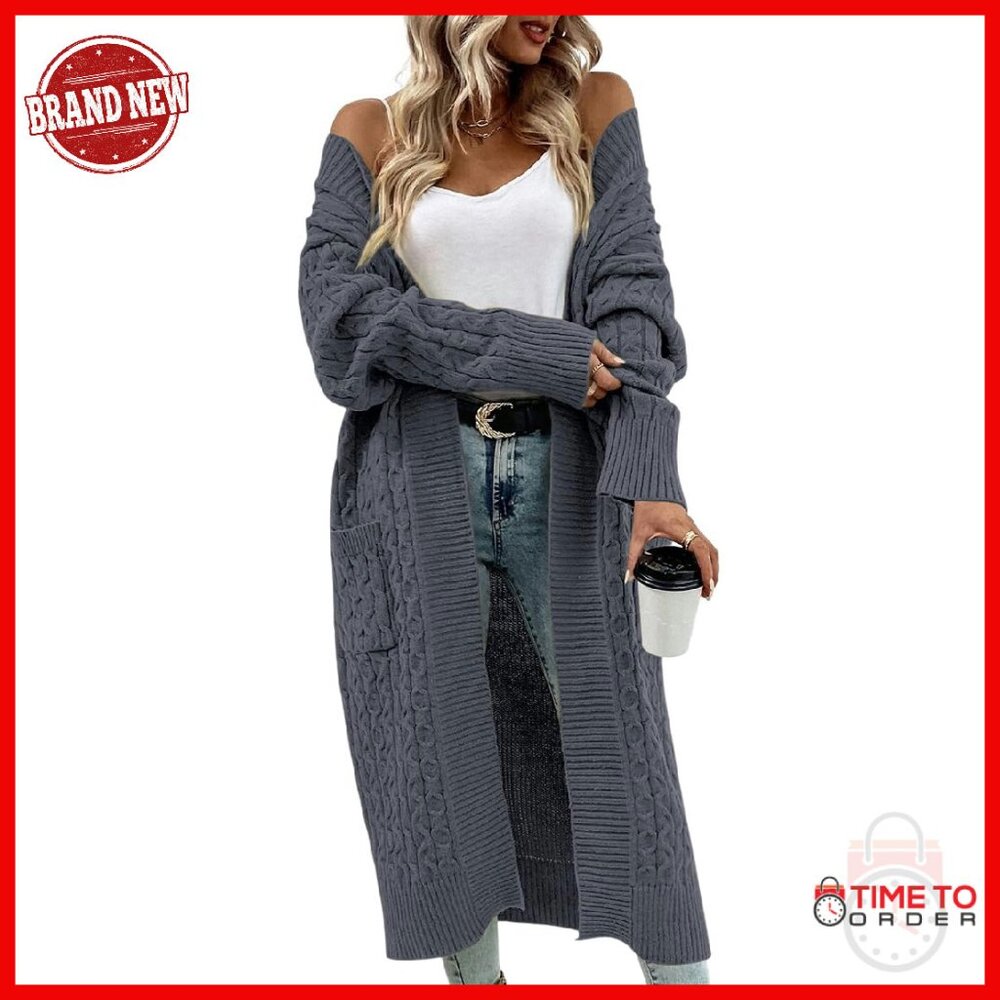 Long Cable Knit Cardigan With Pockets, 100% Polyester, Oversized Fit